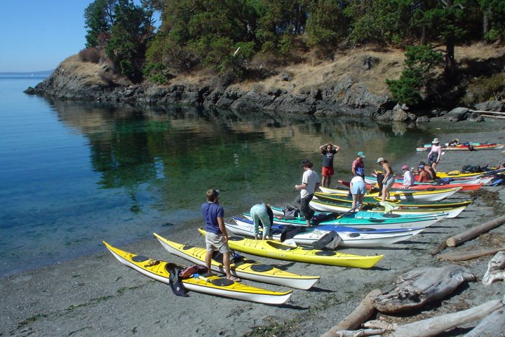 People preparing kayaks on a rocky shore next to calm water and trees.