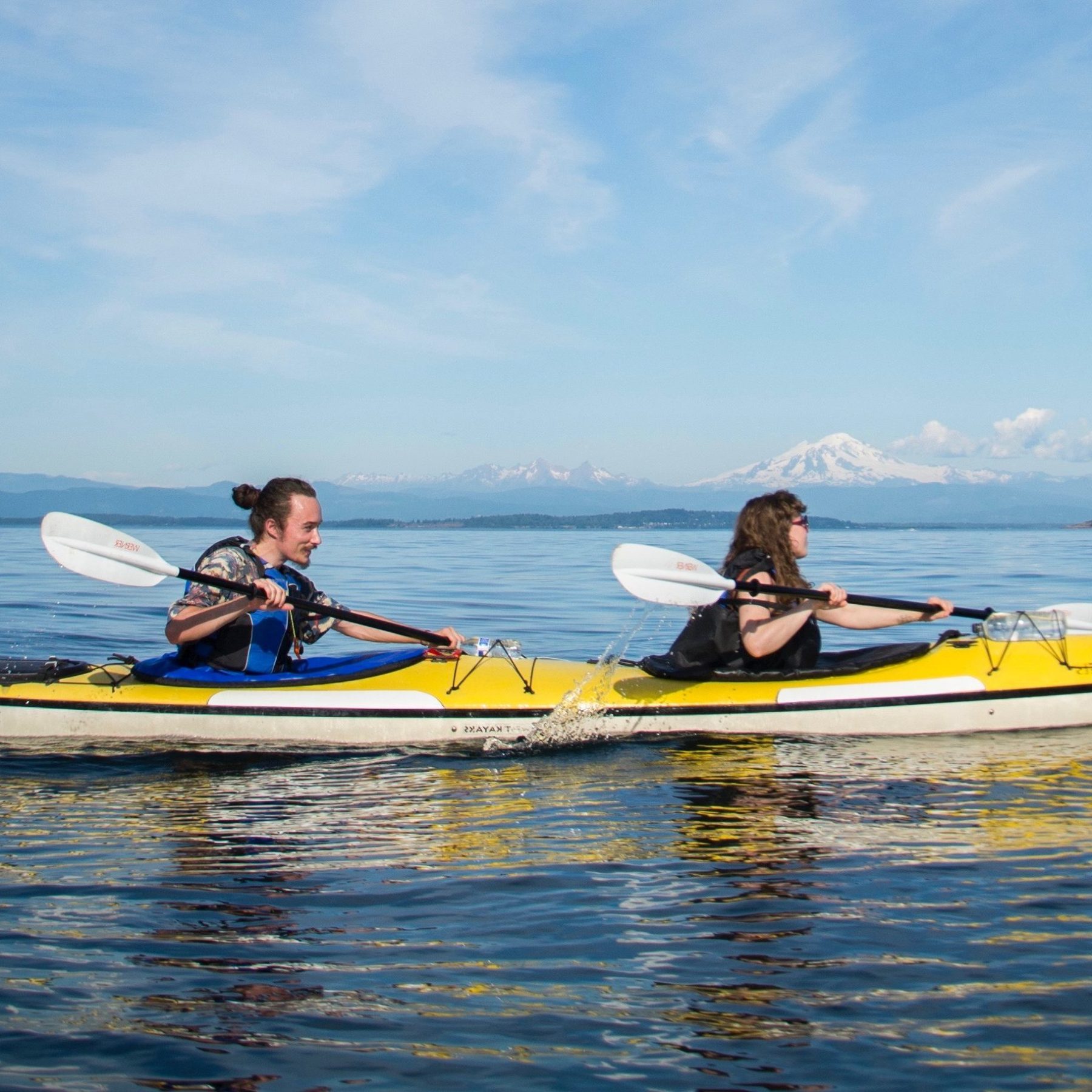 man and woman in tandem kayak